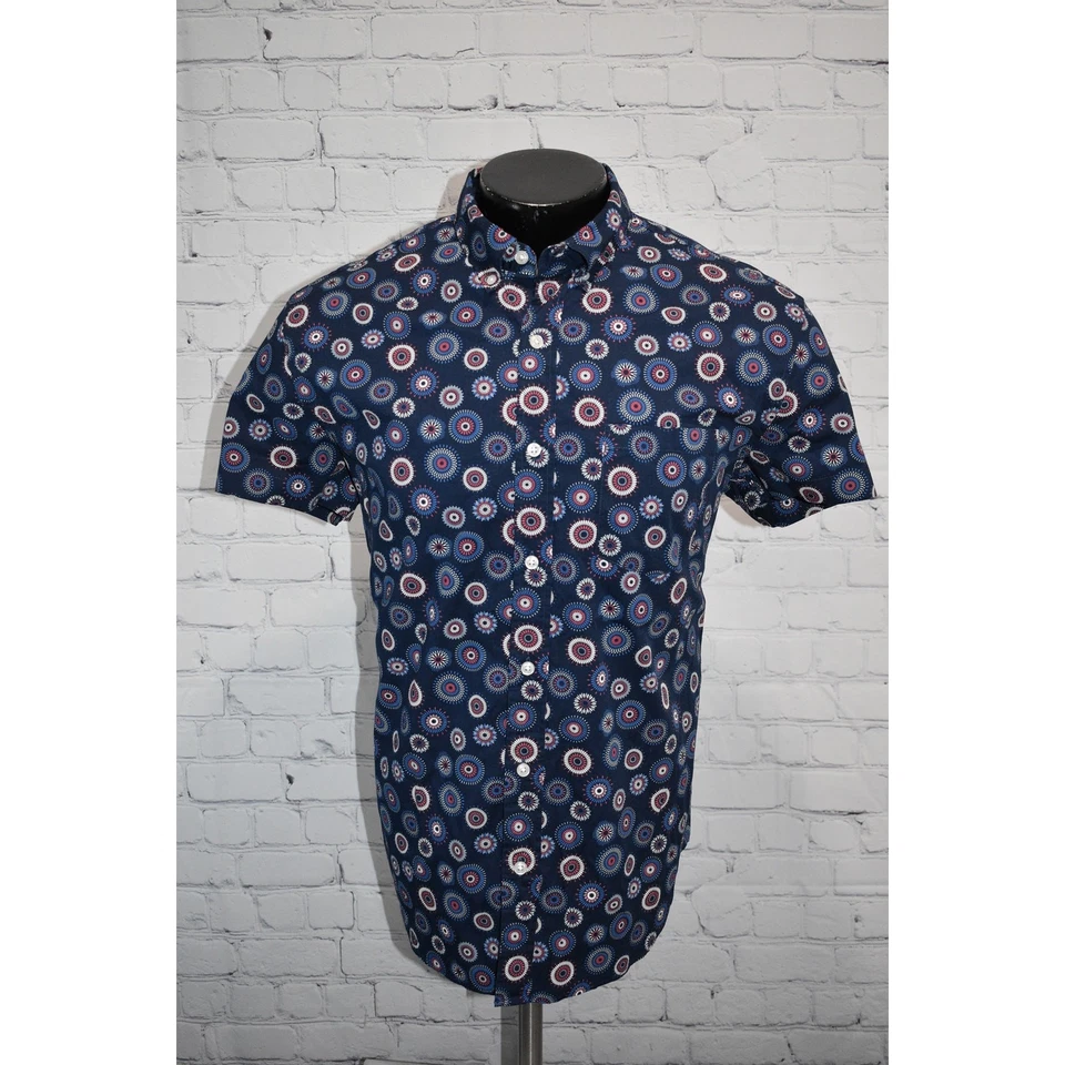 J Crew Dress Shirt Mens Size Small Flex Washed Slim Fit Blue Floral Geometric - Image 2 of 4