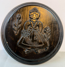 Vintage Carved Wooden Wall Plaque Folk Art Girl With Flowers Round Rustic Decor