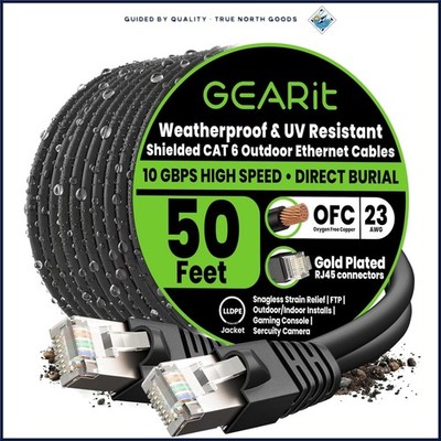 50ft Cat6 Outdoor Ethernet Cable for Direct Burial, Waterproof, and UV Resistant