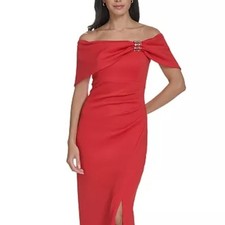 Eliza J Chic Off-Shoulder Scarlet Red Formal Party Cocktail Sheath Dress Size 10