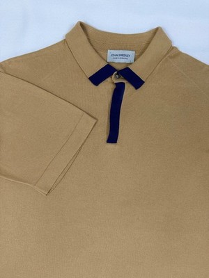 John Smedley Men s L Sea Island Cotton Polo Shirt Tan Navy Made in England