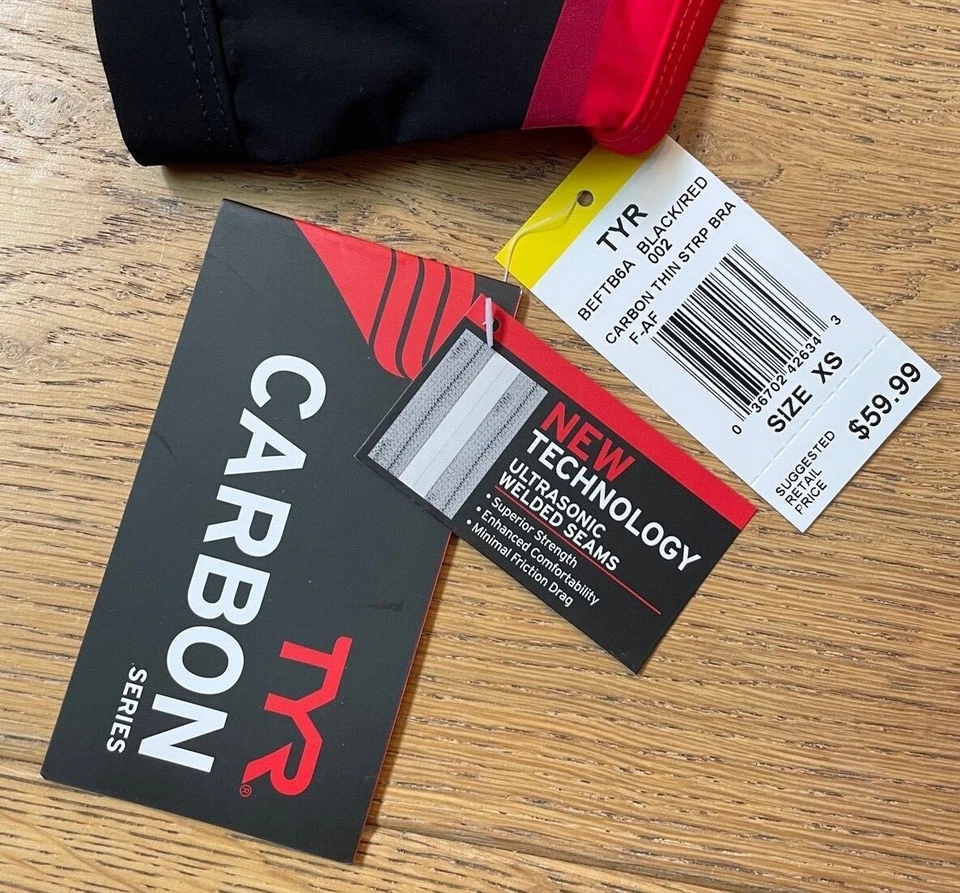 Nuevo sujetador TYR para mujer XS negro rojo correa delgada ejercicio entrenamiento hecho en EE. UU. CARBONO Foto 4 de 4