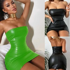 Women Strapless Leather Bodycon Mini Dress Club Party Sleeveless Sexy Sundress