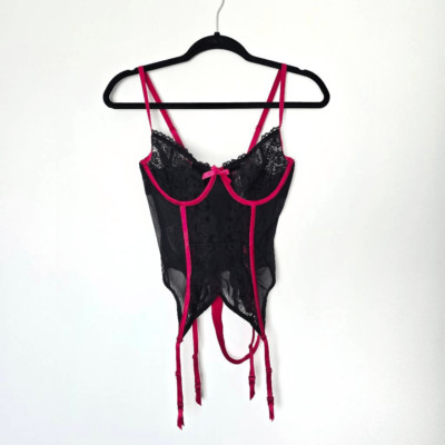 Adore Me Women's Medium Pink Black Merrywidow Hot Garter Belt Corset Lingerie
