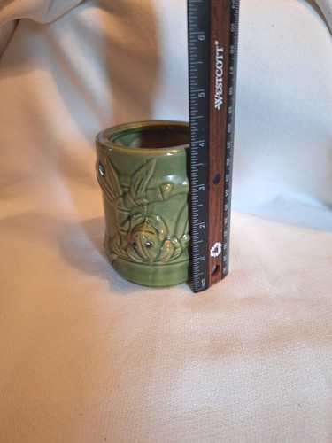 Frog Pottery Planter Small Dark Green Pot With Bamboo Design  - Picture 9 of 9