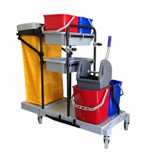 Industrial Housekeeping Janitorial Cart 4 Buckets 1 Wringer 1 Vinyl Bag