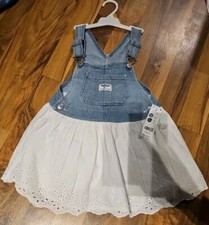 OshKosh B'gosh Girl Denim Bib Overall Dress White Eyelet Lace Skirt Blue 3T