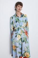 ZARA Woman's Belted Printed SHIRT Dress Light Blue Floral w/Pockets 