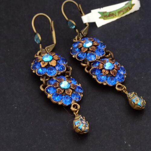 Michal Negrin Earrings Royal Blue With Swarovski Crystals Statement Long Flowers - Picture 2 of 19