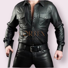 Men's Genuine Lambskin Leather Shirt Classic Stylist Black Leather Shirt