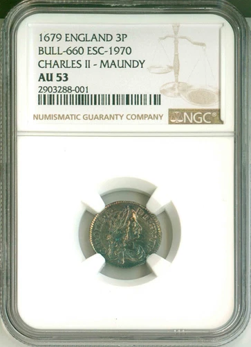 1679 England 3P Maundy Coin Bull - 660 ESC - 1970 Charles II NGC AU53