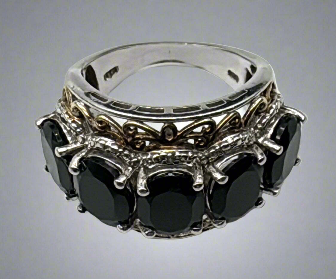 Sterling Silver Five-Stone Black Gem Ring - image 1