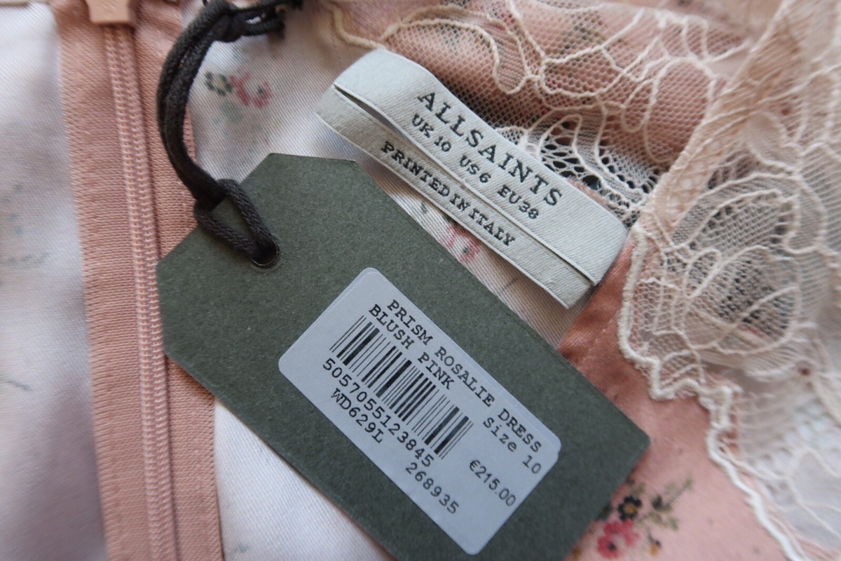 Robe Fourreau AllSaints 'Prism Rosalie' - Dentelle Et Satin Rose Fleuri - Taille 4 - Neuf Avec étiquettes
