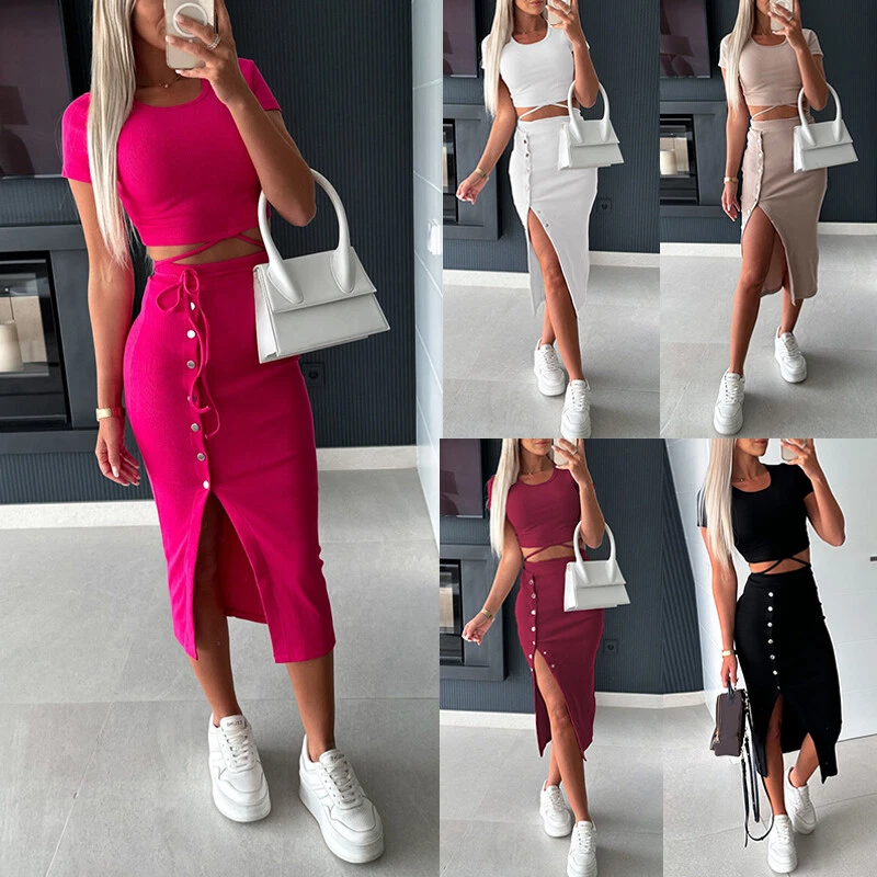 Women Midi Skirt Crop Top Two Piece Set Dress Ladies Party Bodycon Co ord Suit