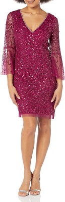 ADRIANNA PAPELL Beaded Bell-Sleeve Sheath Dress Raspberry Wine Size 6 $249  | eBay