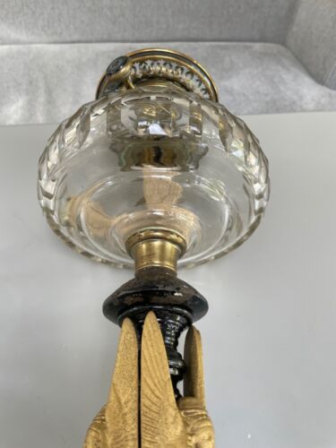 cast iron Egyptian Revival WINGED SPHINX OIL LAMP BACARRAT CUT GLASS FONT BURNER - Picture 6 of 14