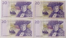 Lot 4 Banknotes Sweden 20 Kronor 1997-2008 F