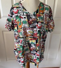 Rudolph Red Nosed Reindeer Christmas Scrub Top XL Pockets Comic Print Cotton