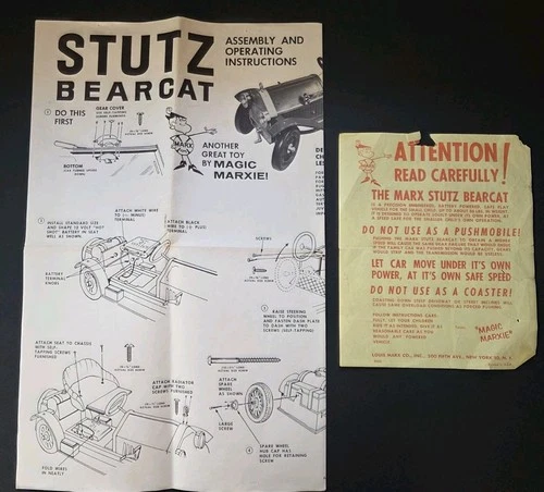 Vintage Marx Toys Stutz Bearcat Ride On Electric Car Instruction Sheets Only