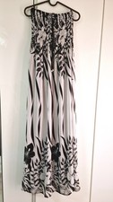 Chiffon white black floral art print sleevless maxi long dress size M