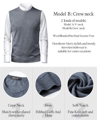 Mens Soft Crew Neck Knitted Sweater Vest Solid Sleeveless Pullover Slim Fit - Picture 4 of 6