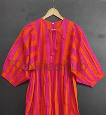 Cotton Pink Orange Striped Print Maxi Gown, Deep Neck Dress Women's Clothing US