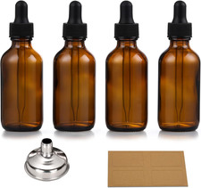 4 Pack, 1 Oz Thick Dark Amber Glass Dropper Bottles with 1 Funnels & 4 Labels -