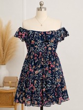 Lulus Womens Floral Off Shoulder Fit Flare Mini Dress Size S Navy Pink Boho