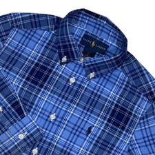 Ralph Lauren Boys Blue Plaid Button Down Shirt Size 6 Long Sleeve Cotton Pony