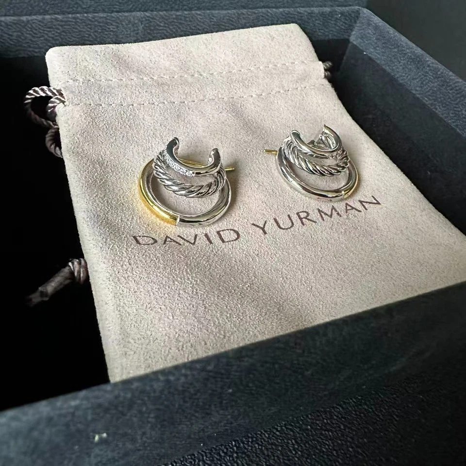 David Yurman Three Row Hoop Earrings 925 Sterling  with 18KT Diamonds 21mm - Image 2 of 4