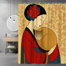 Japanese Geisha Cat Shower Curtain Floral Art Print