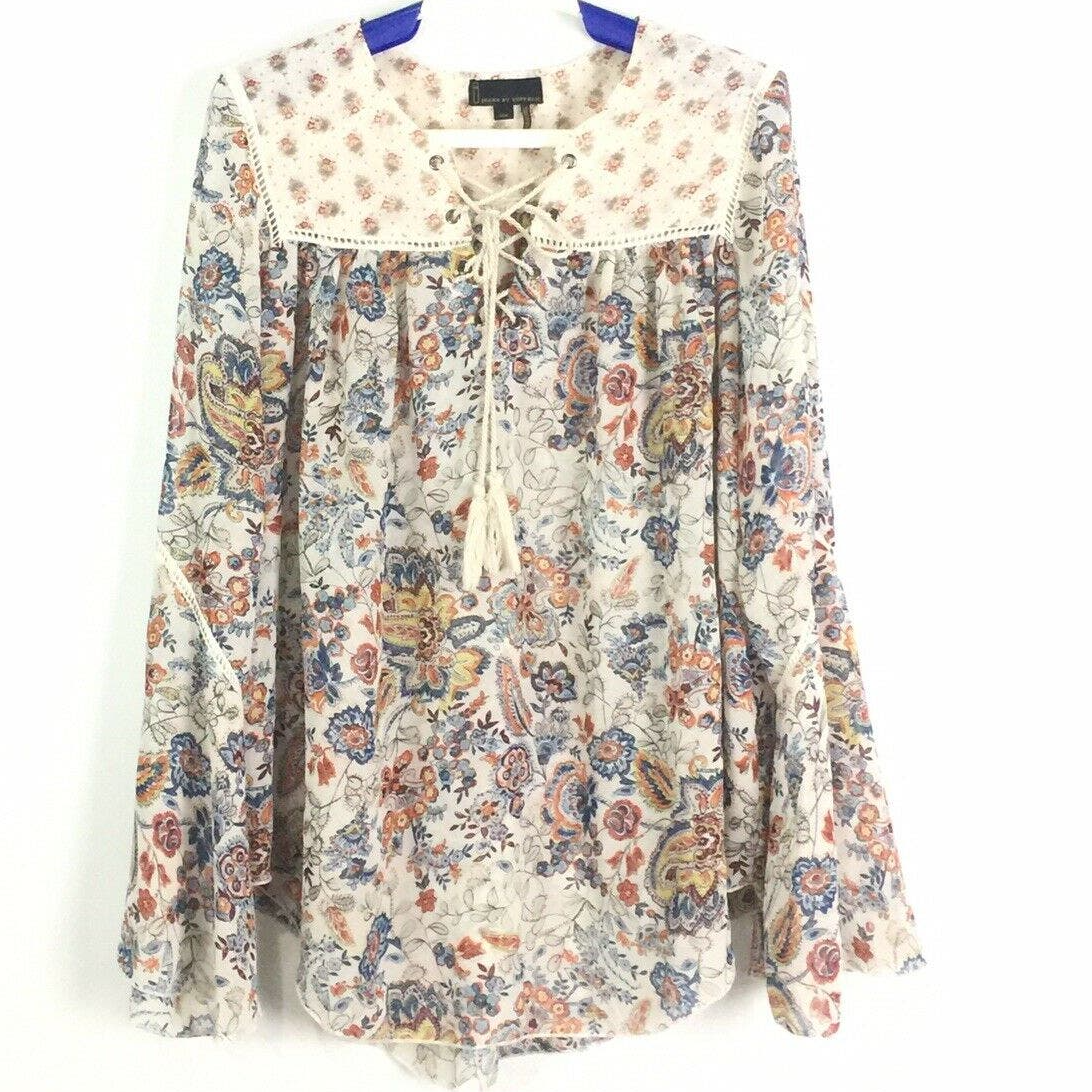 Jeans By Buffalo Top Sheer Romantic Blouse Bell Sleeves Paisley Size Small-image