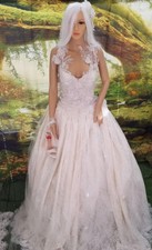 Ivory  Champagne Ivory Beaded Lace Satin Backless Scalloped Wedding Ballgown