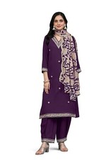 Women's Embroidery Salwar Suit Set Purple Kurta with Afghani Pant Floral Dupatta