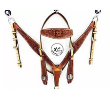Western Hand Tooled Bridle Breast Collar Headstall Tack and Reins Set