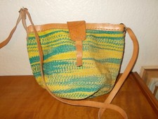 VTG Woven Raffia Bucket Leather Handles Zippe...