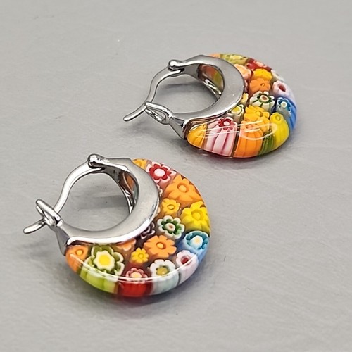Millefiori Hoop Earrings Hinged Round Glass Multicolor Flowers Stainless Steel - Picture 7 of 13