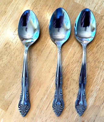 3  Rogers Stanley Roberts DREAM ROSE / ROSE BUD Stainless TEASPOONS Korea Vtg