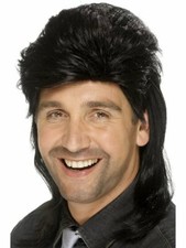 Mens Mullet Wig Redneck Black Hair Costume Mulett Red Neck Hillbilly Adult 80s