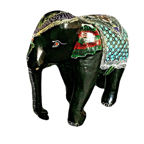 VTG 7"x7" Black Lacquered Solid Wood Asian Elephant Folk Art Hand Carved Painted - Picture 4 of 10