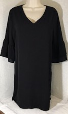 Belongsci Women’s Sz L Black Tiered Pleated Sleeve V Neck Mini GothicShift Dress