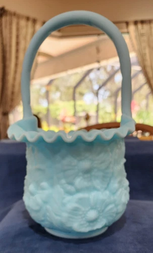 Fenton Satin BLUE Custard Glass Poppy Handled Basket VINTAGE