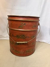 Vintage Beautiful Mcm Hand Painted Steel Bucket Cleveland, Gold Floral paint