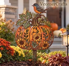 Pumpkin Metal Garden Stake, Autumn Bird Yard Decor, Rustic Fall Garden Art