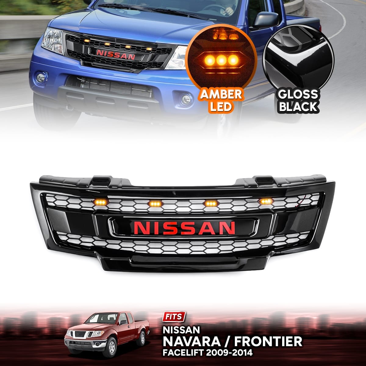 Front Grille Gloss Black Amber LED Red Logo For Nissan Frontier 