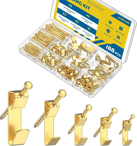 188 Pcs Heavy Duty Picture Hanging Kit, Picture Hanging Hooks,Gold