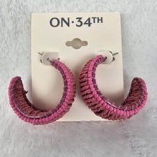 On 34th Bright Pink Seed Bead Raffia C-Hoop Earrings Post Back
