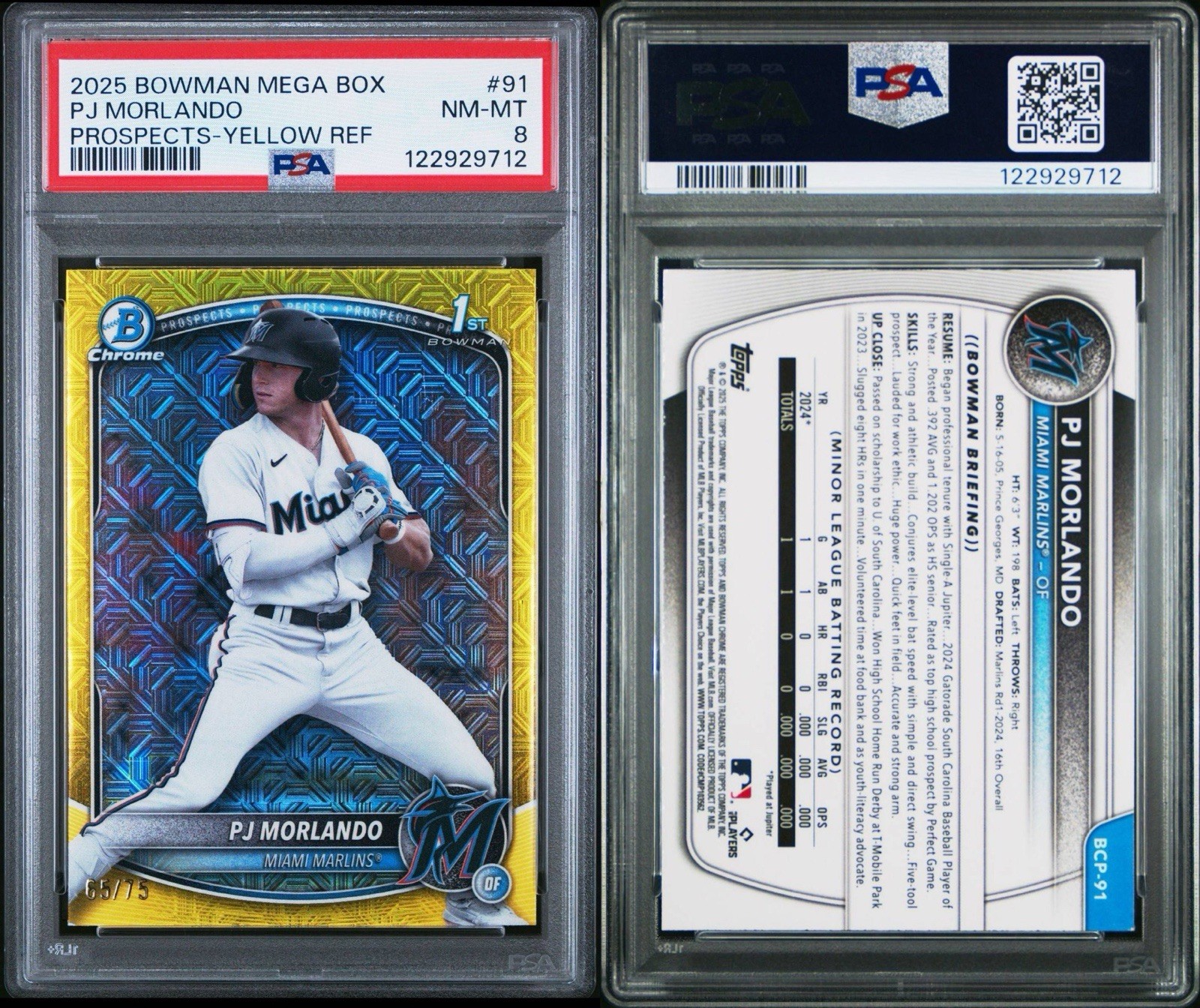 PSA 8 2025 Bowman Chrome Prospects PJ Morlando #BCP-91 Yellow Mojo Refractor /75