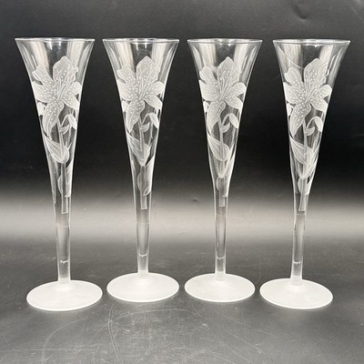 4 Bohemia Crystal Champagne Flutes Ingrid Pattern Etched Floral 11.5  Czech Vtg