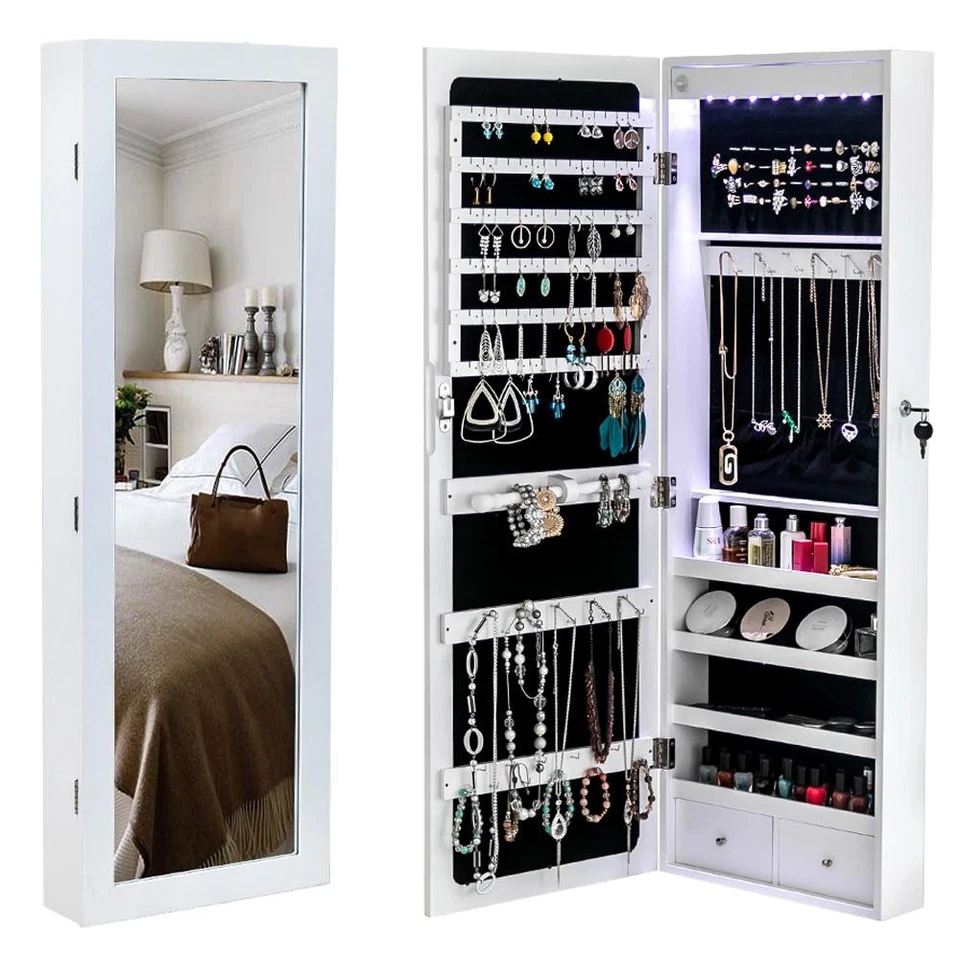 Jewelry Cabinet Armoire w/ Mirror Door&Wall Mounted Jewelry Box to Store Jewelry
